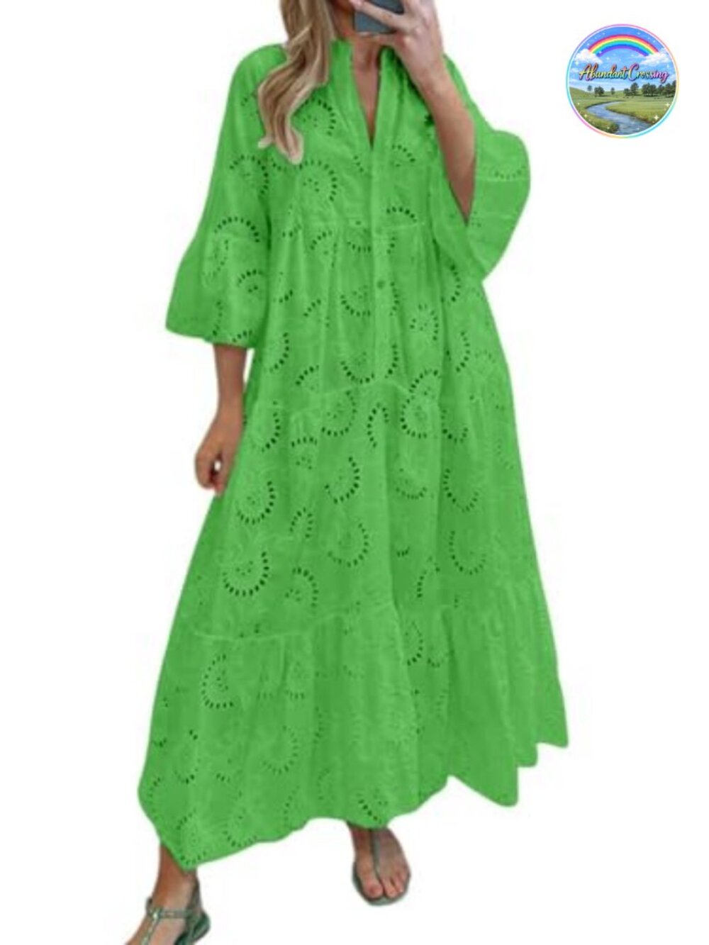 Lace Eyelet Embroidery Maxi Dress V-Neck Trumpet Sleeve Boho Flowy Swing Dress
